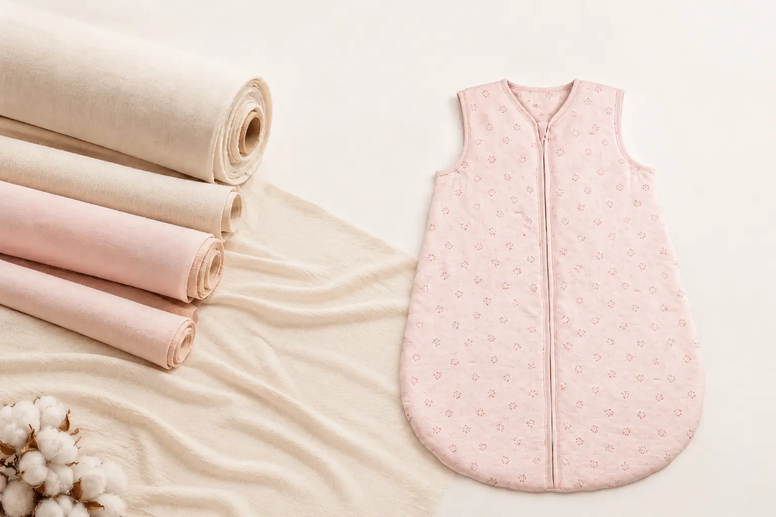 This coordinated layout showcases our wholesale fabric rolls alongside a finished quilted baby sleep sack, demonstrating an integrated supply chain from raw material to finished textile goods.