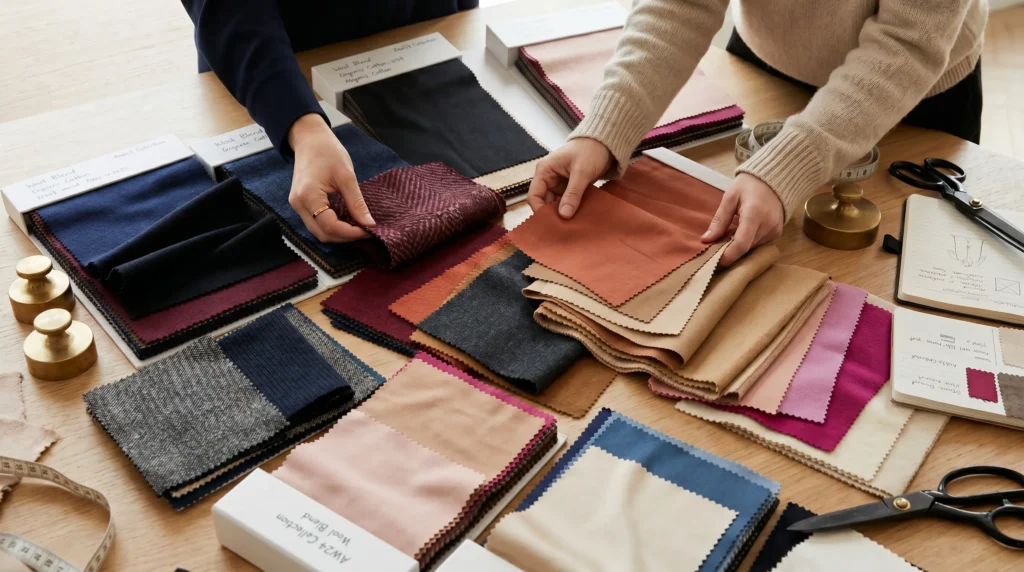 Our design team curates a diverse seasonal fabric collection featuring wool blends, organic cottons, and specialized knit textiles to support custom OEM/ODM brand development for global buyers.