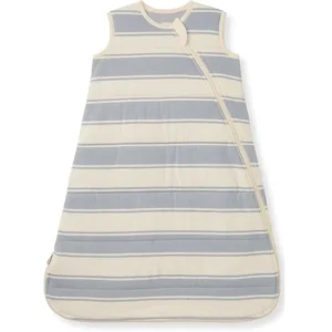 Classic denim blue and cream horizontal stripes offer a timeless aesthetic for this highly absorbent purely handcrafted 100% pure cotton sleeping bag for baby. Professional OEM, ODM, and Customized services come with a guarantee to pass GOTS and OEKO-TEX.