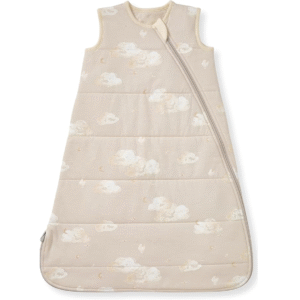 Watercolor tan clouds adorn this purely handcrafted 100% pure cotton sleeping bag for baby, providing high absorbency and breathable comfort. Professional OEM, ODM, and Customized services are available, with production guaranteed to pass GOTS and OEKO-TEX safety tests.