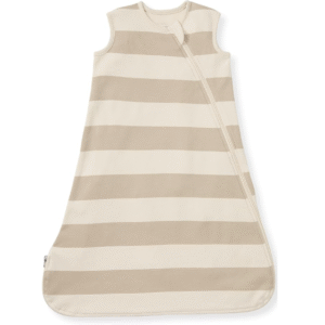 Earthy taupe and cream stripes offer a modern, neutral aesthetic for this purely handcrafted 100% organic cotton sleeping bag for baby. Production in our B2B facility is guaranteed to pass GOTS and OEKO-TEX safety certifications through OEM, ODM, and Customized workflows.