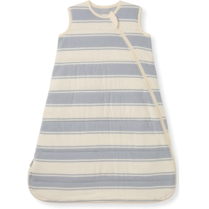 Classic denim blue and cream horizontal stripes offer a timeless aesthetic for this highly absorbent purely handcrafted 100% pure cotton sleeping bag for baby. Professional OEM, ODM, and Customized services come with a guarantee to pass GOTS and OEKO-TEX.
