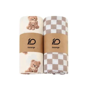 Cozy blanket for baby featuring adorable stacked teddy bears and warm earth-tone grid prints. Soft, highly absorbent, and breathable. Guaranteed 2026 OEKO-TEX/GOTS capability via OEM/ODM/Customized.