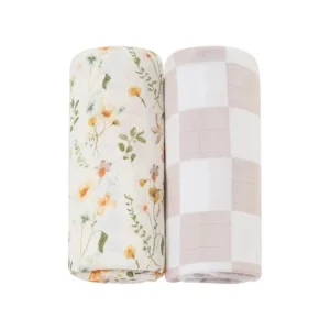Vintage-inspired blanket for baby duo with watercolor meadow flowers and classic taupe gingham. Exceptionally soft and highly absorbent for skin safety. OEM/ODM custom-ready; guaranteed OEKO-TEX/GOTS capable.
