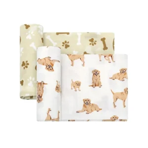 Charming blanket for baby featuring realistic golden retriever puppy sketches and puppy-paw bone prints. 100% cotton; highly absorbent and breathable for skin protection. Guaranteed OEKO-TEX/GOTS capable via OEM/ODM.