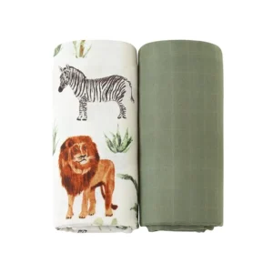 High-quality 100% cotton muslin blanket for baby featuring illustrative lions and zebras paired with solid sage green. Highly absorbent and breathable for skin protection. OEM/ODM ready; guaranteed capable of passing OEKO-TEX/GOTS.