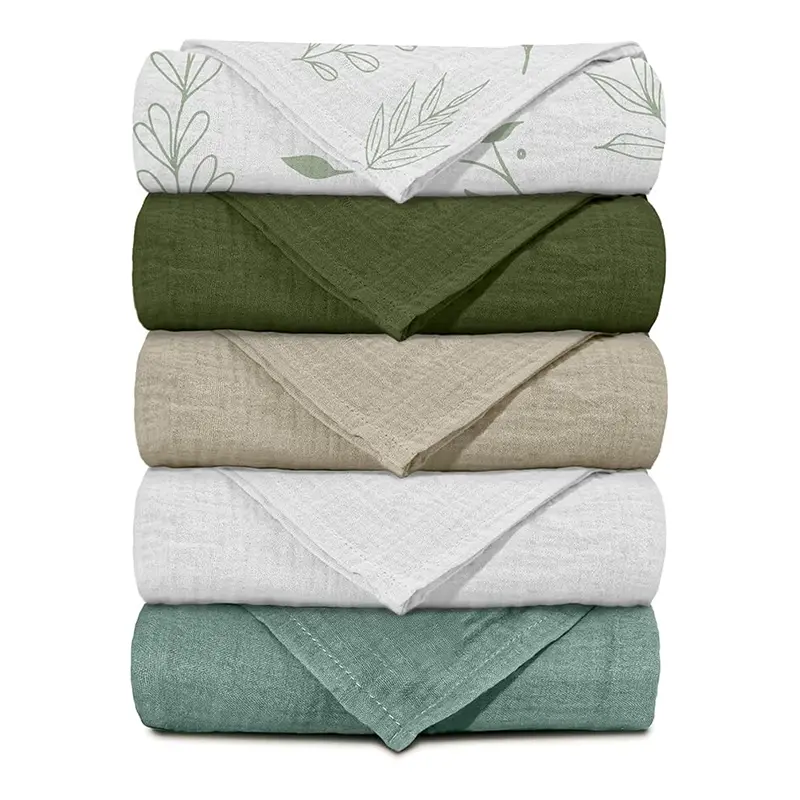 Versatile 100% cotton muslin: solid tones decorated with subtle vine motifs. 23.5" x 23.5" size. Highly absorbent and breathable for total skin protection. Guaranteed 2026 OEKO-TEX/GOTS capability with full OEM/ODM support.