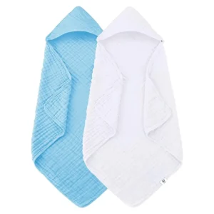 Soft 100% cotton hooded blankets in Sky Blue and Crisp White. Highly absorbent and breathable for skin protection. Guaranteed capable of passing 2026 OEKO-TEX & GOTS certifications with OEM/ODM options.