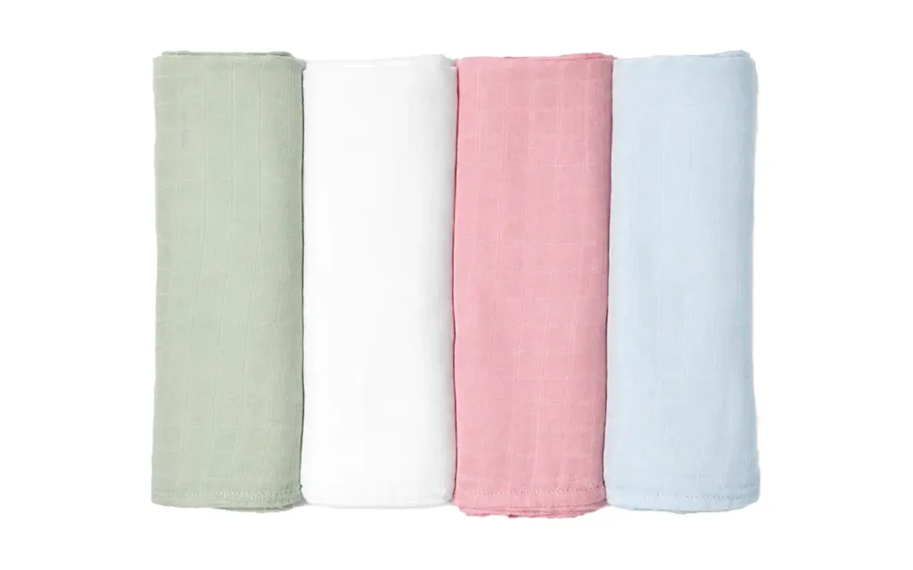 A collection of bamboo-cotton blend baby swaddles in Sage, White, Pink, and Blue. Highly absorbent and breathable; simplifies how to swaddle baby with a soft, silk-like feel. OEM/ODM custom-ready; guaranteed OEKO-TEX/GOTS capable.