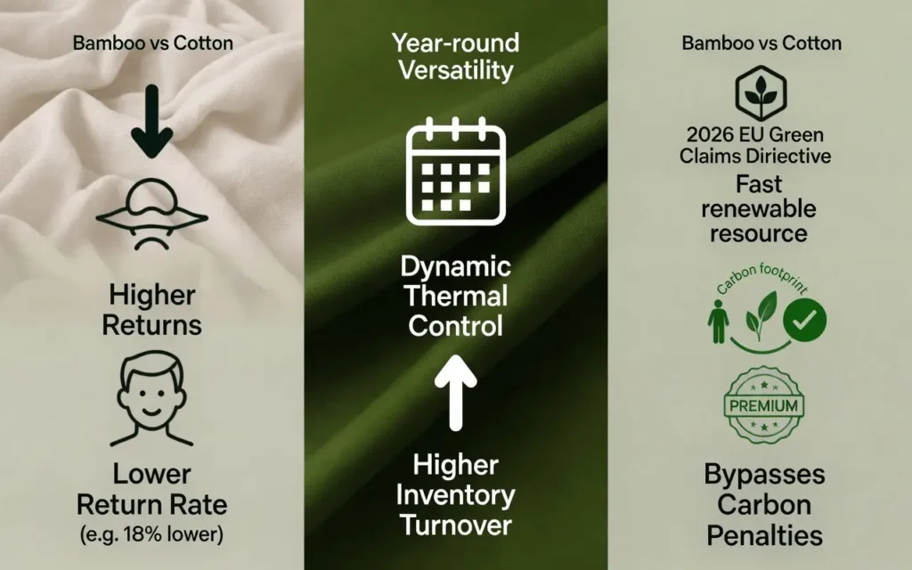 Our Bamboo Viscose range offers superior Dynamic Thermal Control compared to traditional cotton, leading to an 18% lower return rate. Fully compliant with the 2026 EU Green Claims Directive, these products help B2B partners increase inventory turnover while bypassing carbon penalties.