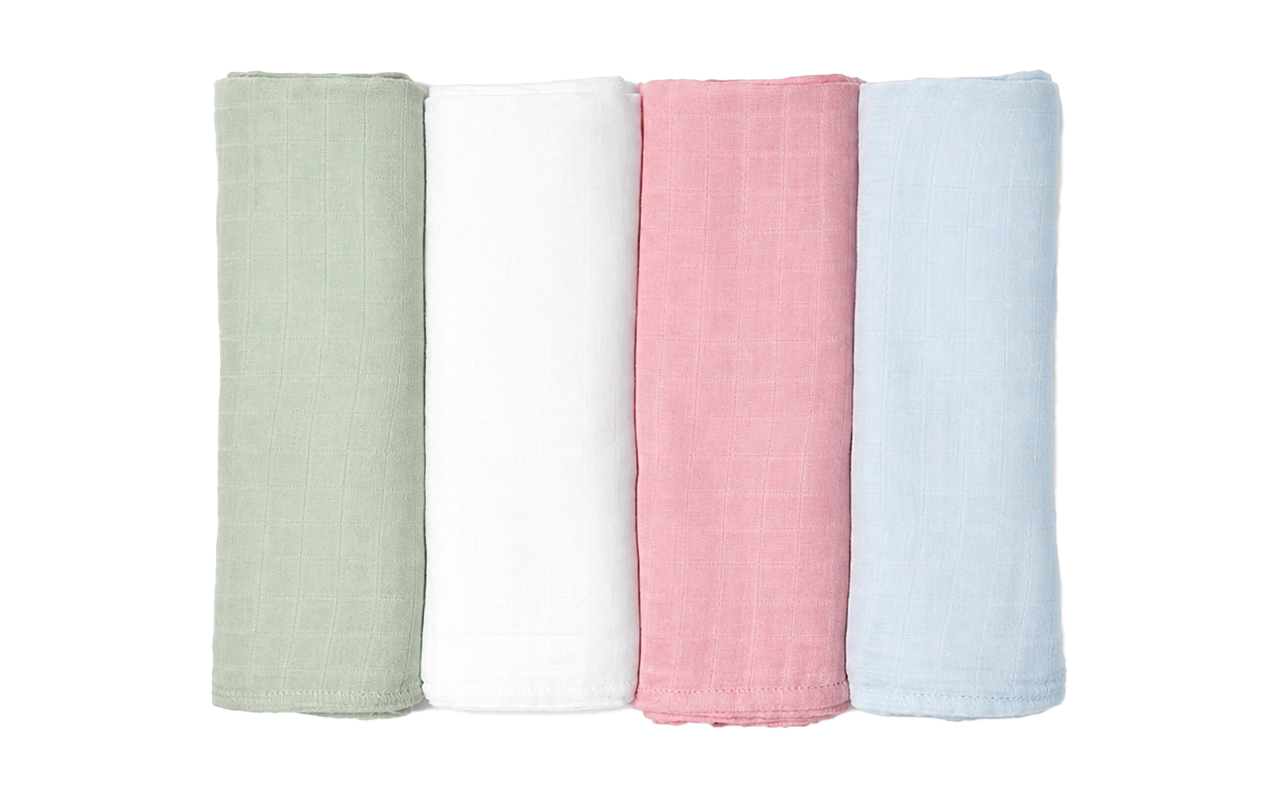A collection of bamboo-cotton blend baby swaddles in Sage, White, Pink, and Blue. Highly absorbent and breathable; simplifies how to swaddle baby with a soft, silk-like feel. OEM/ODM custom-ready; guaranteed OEKO-TEX/GOTS capable.