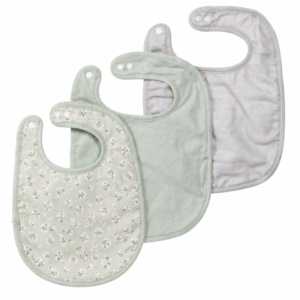 Featured colors include sage green with white sprig patterns, a solid sage green bib, and a soft grey bib. These purely handcrafted absorbent bibs are supported by expert OEM, ODM, and Customized workflows guaranteed to pass OEKO-TEX and GOTS.