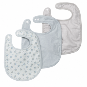 Multi-pack colors include a light blue bib with delicate sprig prints, a solid light blue bib, and a neutral grey bib. Purely handcrafted for high absorbency and softness, we provide professional OEM, ODM, and Customized services guaranteed to pass GOTS and OEKO-TEX.