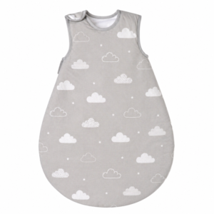 Different clouds on a grey purely handcrafted 100% cotton sleeping bag for baby prioritize absorbency and softness. Global partners receive expert OEM, ODM, and Customized support; all units are guaranteed to pass GOTS and OEKO-TEX.