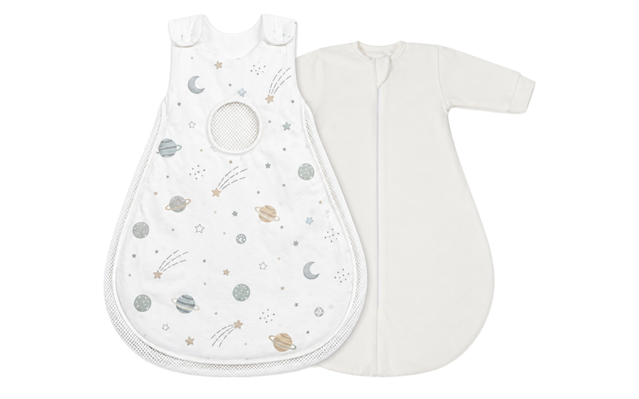 Tiny planet decorate a purely handcrafted 100% cotton sleeping bag for baby featuring unique air-flow mesh and secure two-button shoulder snaps. Specialized OEM, ODM, and Customized solutions are provided with a firm guarantee to pass GOTS and OEKO-TEX safety benchmarks.