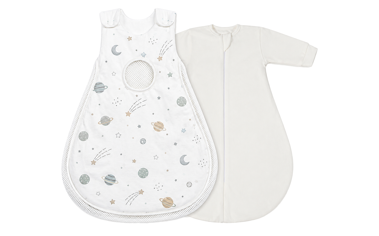 Tiny planet decorate a purely handcrafted 100% cotton sleeping bag for baby featuring unique air-flow mesh and secure two-button shoulder snaps. Specialized OEM, ODM, and Customized solutions are provided with a firm guarantee to pass GOTS and OEKO-TEX safety benchmarks.