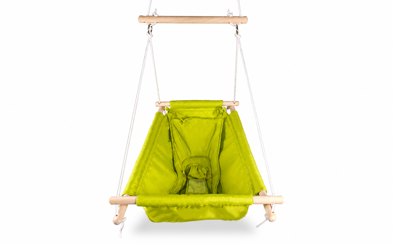 The convertible baby hanging swing seat combines vibrant lime green 100% polyester canvas with sturdy solid hardwood spreader bars. This construction supports a wholesale-tested 30 kg weight capacity.