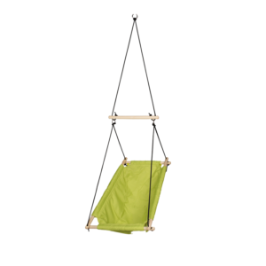 Showcasing the convertible toddler chair configuration, this vibrant green hanging swing seat offers a durable, space-saving design. Made from eco-friendly canvas and solid wood, it complies with GOTS and OEKO-TEX requirements.