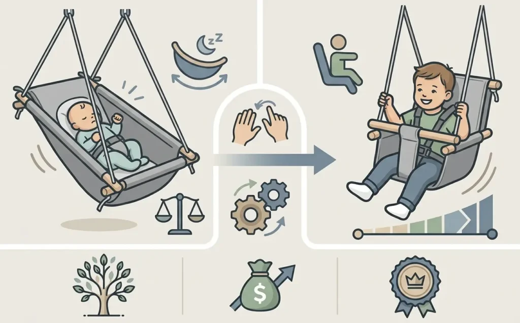 A clean B2B graphic displays illustrated steps of a baby swing converting from a cradle into an upright seat. Our baby textile factory in China delivers customized OEM/ODM textile manufacturing.