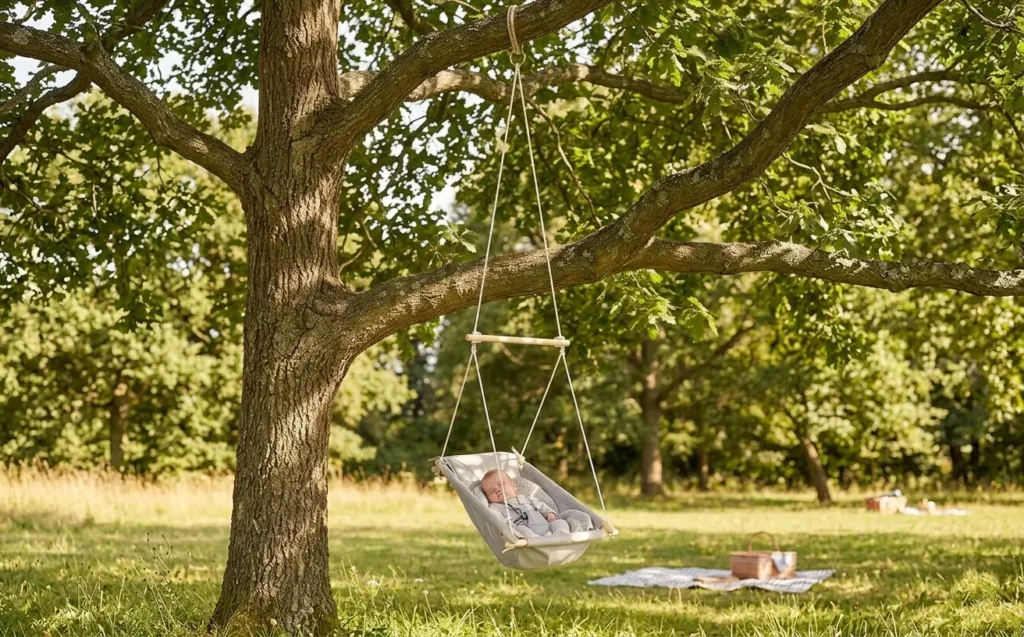 A grey fabric infant swing hangs from a thick branch of an expansive oak tree in an open, grassy field. Our Chinese baby textile factory offers fully customized OEM/ODM outdoor nursery gear.