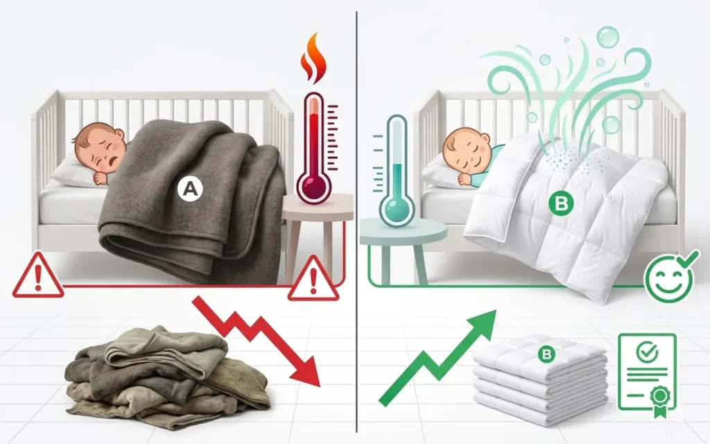 B2B infographic comparing a traditional heavy blanket with our breathable baby quilt. It proves how adaptive airflow design prevents heat stress, backing our OEM/ODM factory compliance.
