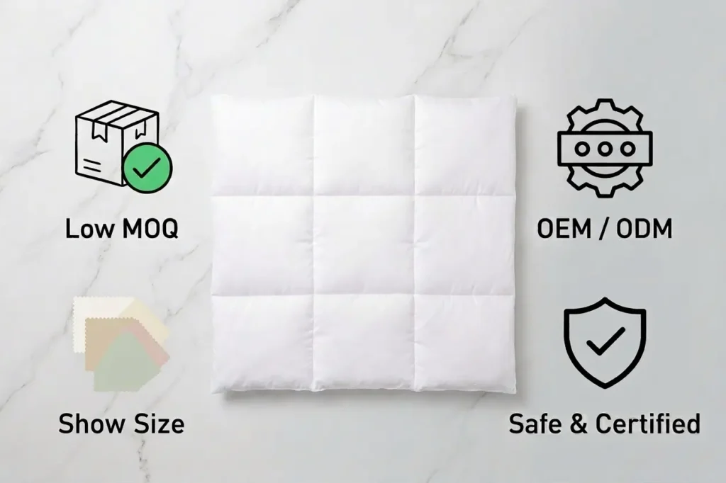 A white quilted baby blanket surrounded by direct factory icons: Low MOQ, OEM/ODM, Show Size, and Safe & Certified. It highlights customizable design workflows meeting OEKO-TEX standards.
