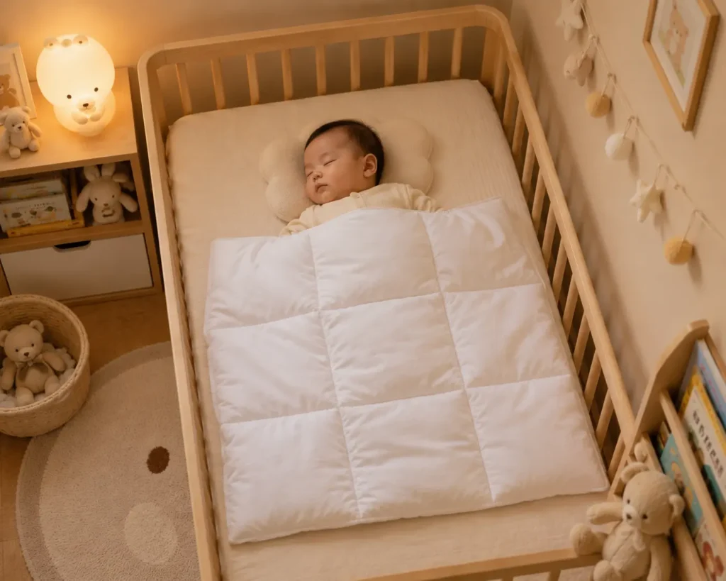 A sleeping newborn under a white breathable baby quilt in a wooden crib. This premium nursery bedding from China factory InOrange Baby supports low MOQ and OEM/ODM custom design meeting GOTS standards.