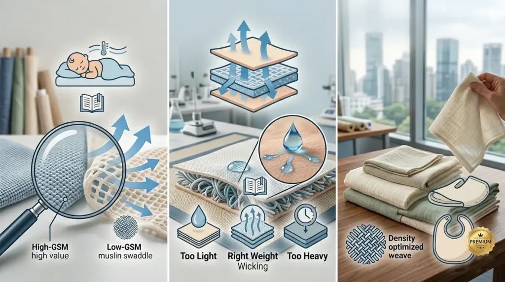 A comparison between high-GSM and low-GSM fabrics highlights the importance of density optimization. Selecting the "right weight" ensures superior wicking and breathability for a safe infant sleep system.