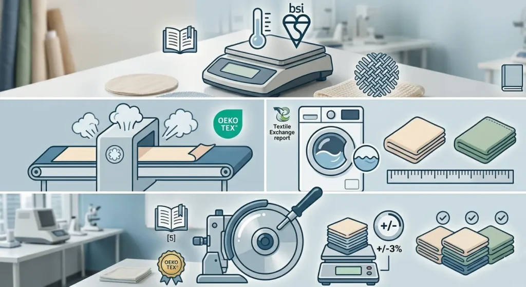 This laboratory setting showcases rigorous quality control, focusing on precision weighing, thermal regulation testing, and washing durability to ensure all textiles meet international OEKO-TEX safety standards.