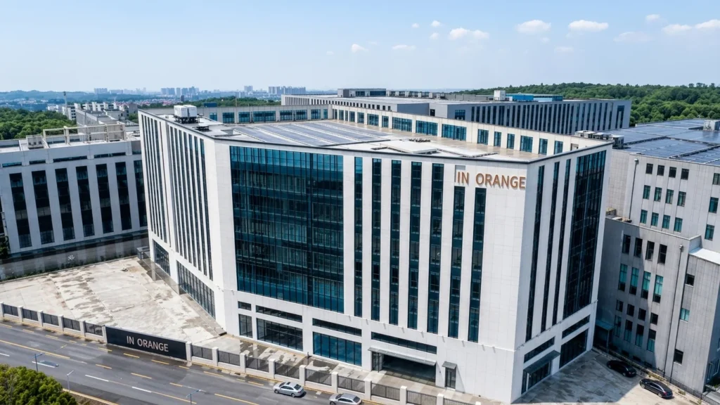 An aerial view of the modern InOrange Baby textile manufacturing factory in China. It demonstrates high-volume bulk production capacity for low MOQ, OEM/ODM nursery bedding clients globally.