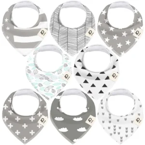 Selection includes grey star-stripes, herringbone weave, minimalist white stars, aqua leaves, geometric triangles, white crosses, dreamy grey clouds, and modern arrows. These highly absorbent 100% cotton bibs are purely handcrafted and guaranteed to pass international GOTS and OEKO-TEX certifications through our OEM, ODM, and Customized services.