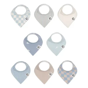 Individual items feature blue checkers, tan stripes, solid ivory, blue clouds, pale blue birds, thin nautical stripes, solid sand, and muted tan checkers. Purely handcrafted 100% cotton ensures these bibs for baby are absorbent and skin-protecting. Professional OEM, ODM, and Customized B2B support is guaranteed to pass GOTS and OEKO-TEX.