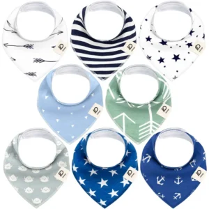 Featured varieties consist of black arrows, bold navy stripes, midnight stars, blue sky triangles, forest arrows, sage chicken motifs, royal blue stars, and mariner anchors. High absorbency and breathable 100% cotton define these purely handcrafted best baby bibs. Global partners receive expert OEM, ODM, and Customized support guaranteed to pass GOTS and OEKO-TEX benchmarks.