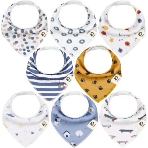 Individual prints include grey polka dots, mint rings, autumn trees, nautical navy stripes, mustard paw prints, white stars with clouds, blue dog houses, and red skateboards. Purely handcrafted 100% cotton ensures high absorbency and softness. OEM, ODM, and Customized services are available, with production guaranteed to pass GOTS and OEKO-TEX safety tests.