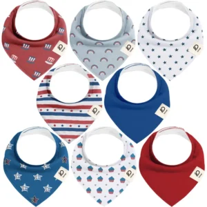 Colors and prints provided include maroon festive hats, steel grey rainbows, white star clusters, patriotic stars & stripes, solid navy, midnight star shower, blue cupcake sprigs, and a bold red solid. Highly absorbent 100% cotton and purely handcrafted skill are guaranteed to pass GOTS and OEKO-TEX via OEM, ODM, and Customized services.