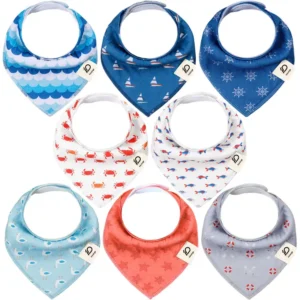 Selection consists of azure wave crests, navy sailboats, mariner steering wheels, orange crabs on white, red fish on ivory, sky-blue seagulls, coral starfish, and nautical grey icons. These highly absorbent 100% cotton bibs are purely handcrafted and guaranteed to pass international GOTS and OEKO-TEX certifications through our OEM, ODM, and Customized services.