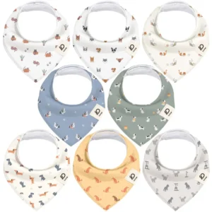 Individual bib patterns feature cats in boxes, assorted dog faces, playful cats with yarn, blue-grey French bulldogs, dogs on sage backgrounds, terracotta dachshunds, tan puppies, and grey cat silhouettes. These purely handcrafted 100% cotton bibs for baby provide high absorbency and softness. Full OEM, ODM, and Customized support is provided, with all materials guaranteed to pass GOTS and OEKO-TEX safety tests.