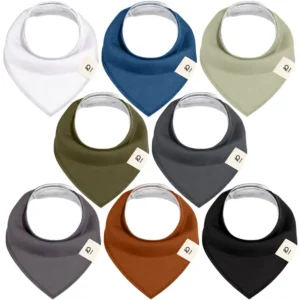 Selection includes Pure white, Navy blue, Mint green, Army green, Charcoal, Dark grey, Cognac brown, and Black bibs featuring the Inorange signature tag. These highly absorbent 100% cotton bibs are purely handcrafted and guaranteed to pass GOTS and OEKO-TEX.