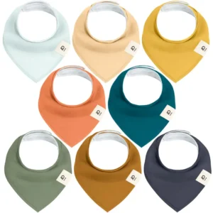 The set consists of Powder Blue, Peach, Mustard, Apricot, Petrol Blue, Sage Green, Ochre, and Navy Blue bibs, each showcasing the Inorange logo. Purely handcrafted 100% cotton ensures these best baby bibs are highly absorbent and breathable. Specialized OEM, ODM, and Customized B2B solutions are guaranteed to pass GOTS and OEKO-TEX.