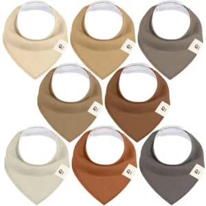 Colors include Cream, Sand, Mocha, Taupe, Terracotta, Cinnamon, Off-White, and Charcoal Gray bibs, all featuring the Inorange brand label. Purely handcrafted 100% cotton ensures these bibs for baby offer high absorbency and softness. OEM, ODM, and Customized services are available, with production guaranteed to pass GOTS and OEKO-TEX.