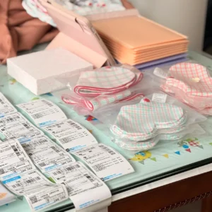 Rigorous Quality Control and Finishing Process includes comprehensive quality inspection and packaging preparation. Organized product staging with shipping labels ensures traceability. OEM/ODM manufacturing from professional Chinese B2B baby textile factory.