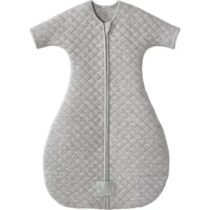 Heather grey diamond-quilted baby sleep sack features an ergonomic transition shape with short sleeves and a hip-healthy bell-shaped bottom. Purely handcrafted from 100% cotton, it ensures high absorbency, breathable softness, and total skin protection. Global B2B partners receive expert OEM, ODM, and Customized support, with all units guaranteed to pass GOTS and OEKO-TEX safety benchmarks.