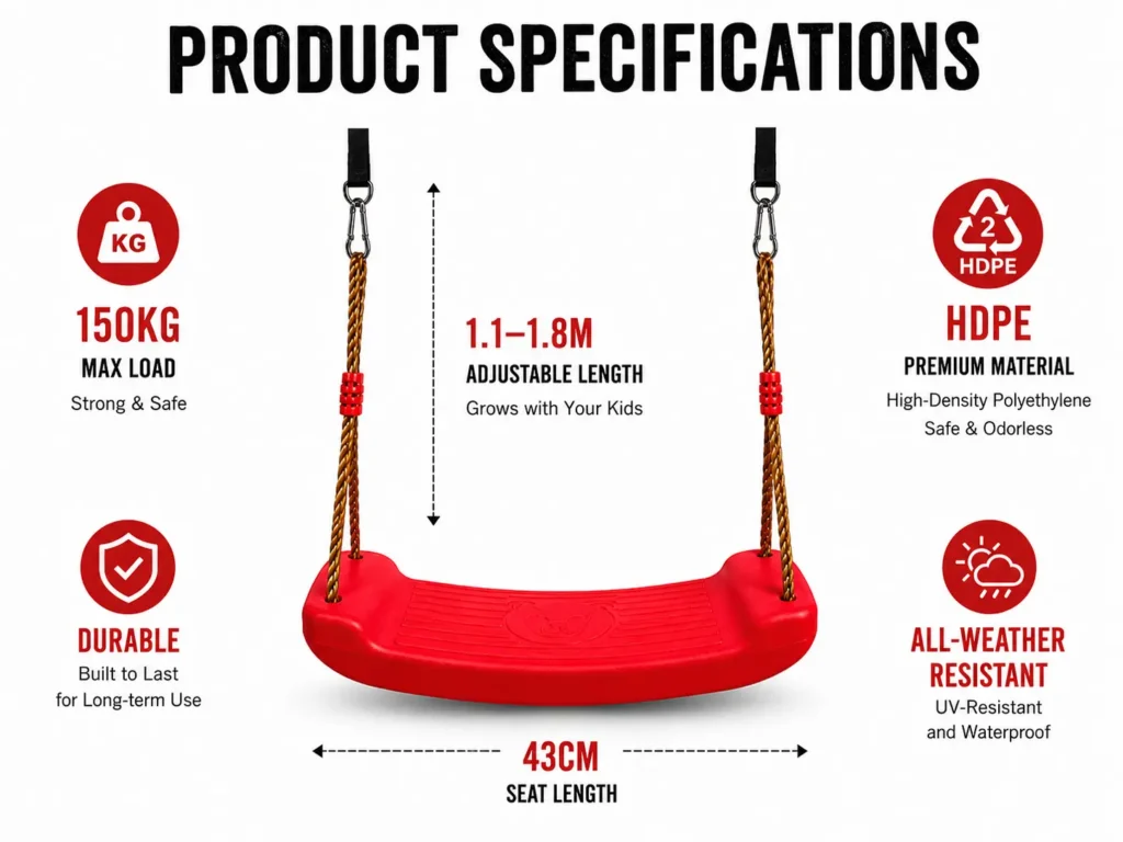 Our Premium HDPE Kids Swing Series highlights an elite 150kg weight capacity alongside an eco-friendly, odor-free monolithic build. Our unified feature presentation directly communicates unmatched structural safety to global sourcing agents.