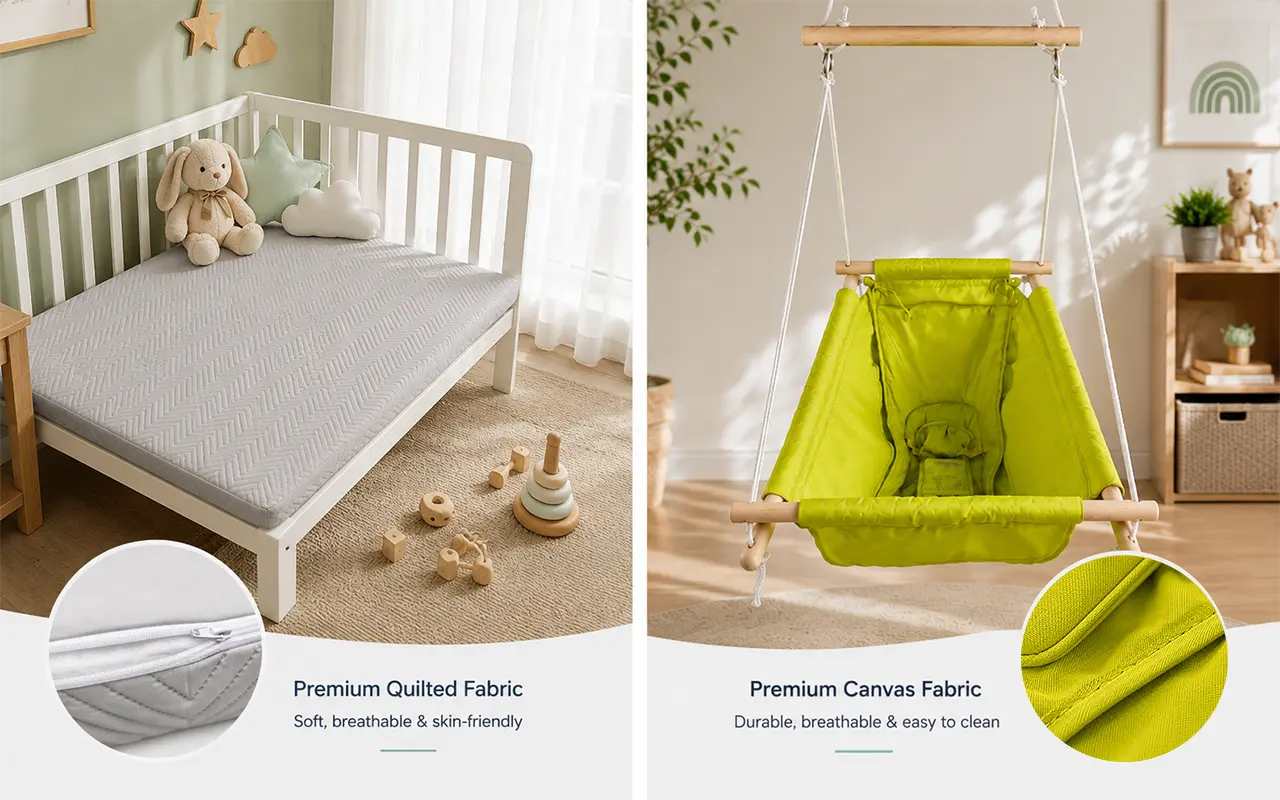 This application comparison highlights our premium quilted fabric used on baby crib mattresses alongside our heavy-duty canvas fabric engineered for infant hanging seats and outdoor baby swings.
