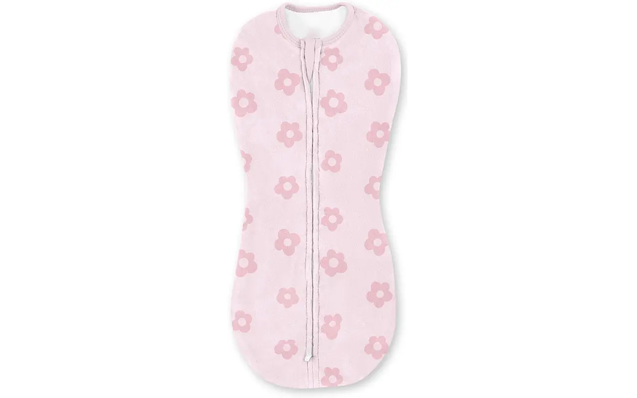 100% cotton baby sleep sack featuring a pink floral confetti print. Designed with a safety two-way zipper and protective neck tab. OEM/ODM ready; guaranteed to be capable of passing OEKO-TEX/GOTS.