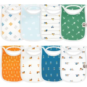 Designs include Multi-color Truck, Mint Airplane, Striped Mixer, Green Drill/Hammer, Orange Wrench/Tool, White Wheelbarrow/Cone, Blue Chevron Arrow, and White Excavator. These 100% cotton purely handcrafted best baby bibs offer high absorbency. OEM/ODM support is guaranteed to pass GOTS and OEKO-TEX.