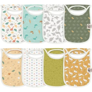 Individual bibs include Multi-color Dino, Teal Swimmer, Grey Skeleton, Green Tiny Dino, Tan Stegosaurus, White Dino Track, Lime Outline, and Mustard Footprint. These purely handcrafted 100% cotton bibs for baby provide soft skin protection. OEM, ODM, and Customized services are guaranteed to pass GOTS and OEKO-TEX.
