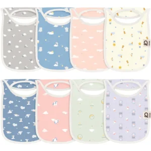 Patterns in this set include Grey Sheep/Moon, Blue Elephant, Pink Cloud/Stars, Yellow Hot Air Balloon/Bear, Navy Night/Sheep, Coral Unicorn, Mint Moon/Rainbow, and Lilac Rabbit. Purely handcrafted 100% cotton ensures these bibs for baby are highly absorbent and soft. OEM, ODM, and Customized services are guaranteed to pass GOTS and OEKO-TEX.