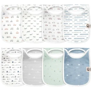 Individual items feature multicolored trucks, green vintage planes, tan school buses, navy locomotives, blue cars, grey road stripes, mint sailboats, and blue cloud-bicycles. Specialized OEM, ODM, and Customized B2B services are available for these purely handcrafted, highly absorbent 100% cotton bibs, which are guaranteed to pass GOTS and OEKO-TEX.