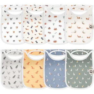 Patterns consist of assorted dog faces, terracotta dachshunds, brown cats in boxes, cats with yarn, grey cat silhouettes, orange sitting cats, grey French bulldogs, and olive-striped dogs. These highly absorbent 100% cotton best baby bibs are purely handcrafted with expert OEM, ODM, and Customized support guaranteed to pass GOTS and OEKO-TEX benchmarks.